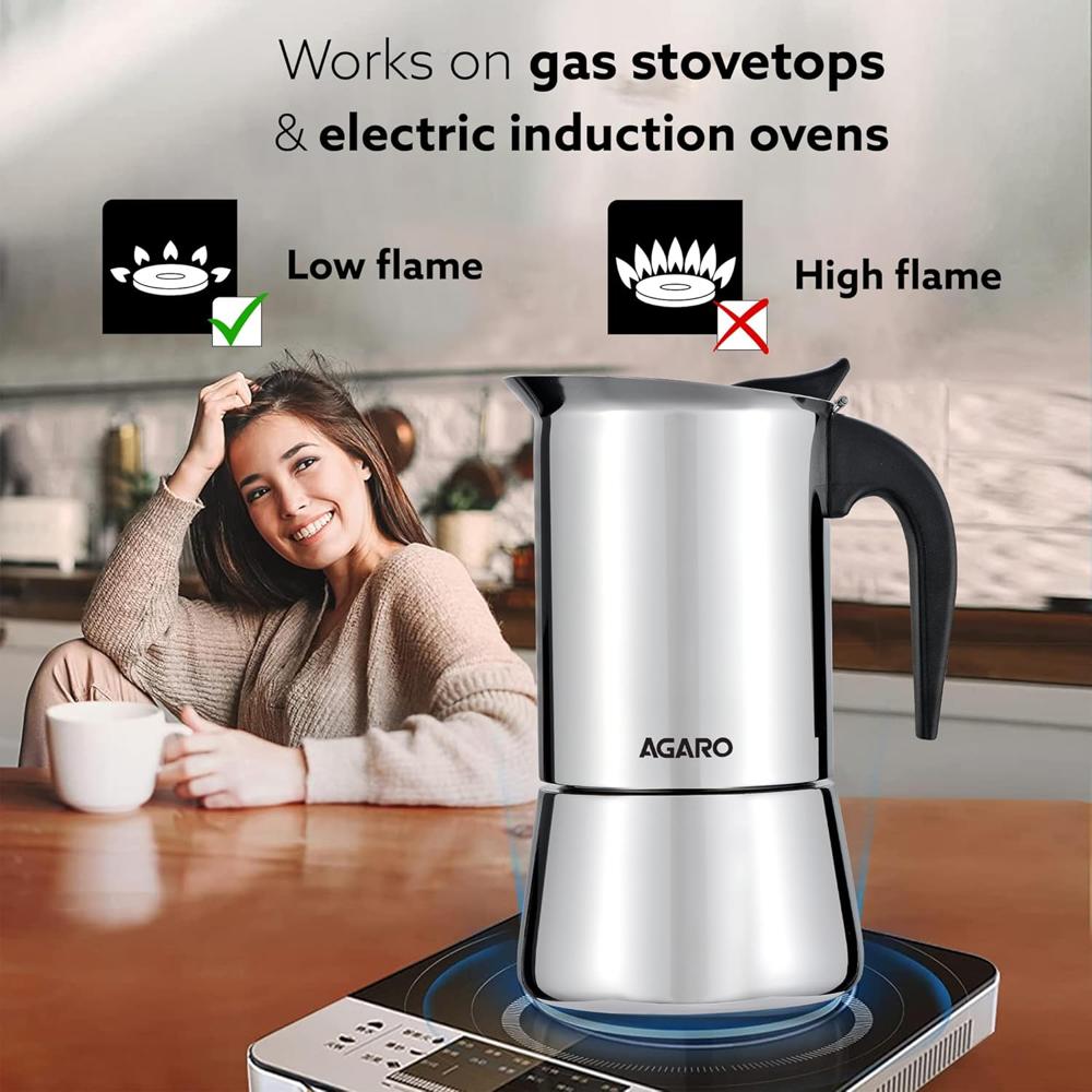 AGARO Royal Moka Pot, Stovetop & Induction Cooktop Classic Espresso & Coffee Maker, 200 Ml, Stainless Steel Built (33868)