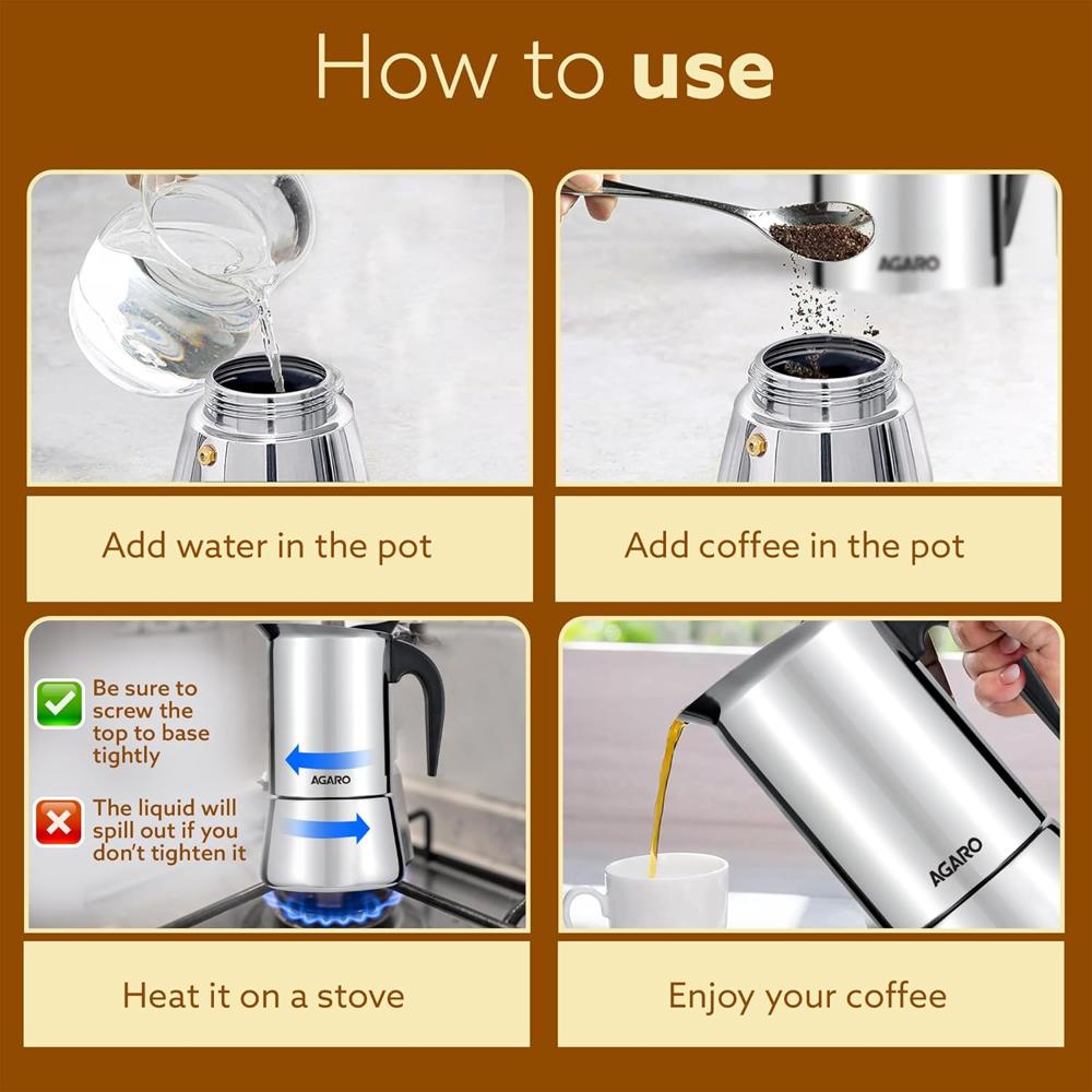 AGARO Royal Moka Pot, Stovetop & Induction Cooktop Classic Espresso & Coffee Maker, 200 Ml, Stainless Steel Built (33868)