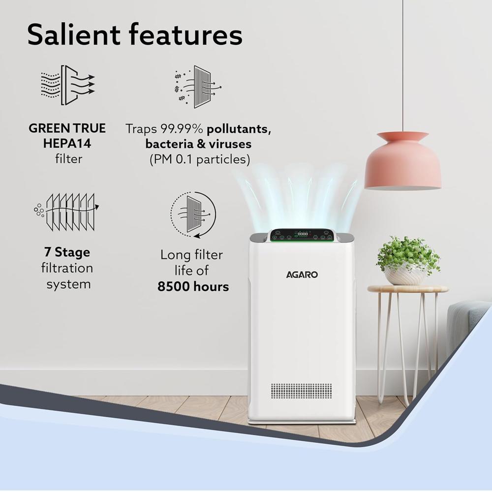 AGARO Imperial Air Purifier For Home, Bedroom, Green True HEPA Filter H14, Removes 99.99% Pollutants, Bacteria, Virus & PM 0.1 Particles, 7 Stage Purification, Covers 400 Sqft, 8500 Hrs Filter Life (34030)