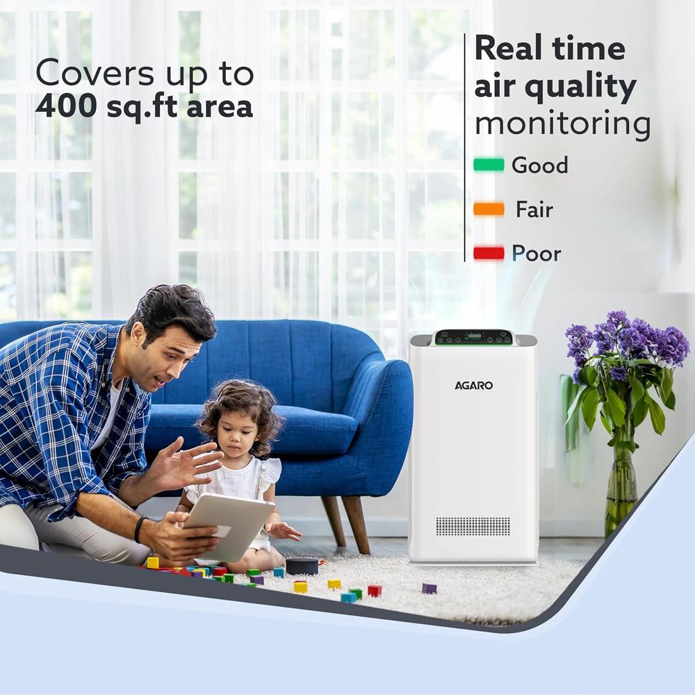 AGARO Imperial Air Purifier For Home, Bedroom, Green True HEPA Filter H14, Removes 99.99% Pollutants, Bacteria, Virus & PM 0.1 Particles, 7 Stage Purification, Covers 400 Sqft, 8500 Hrs Filter Life (34030)