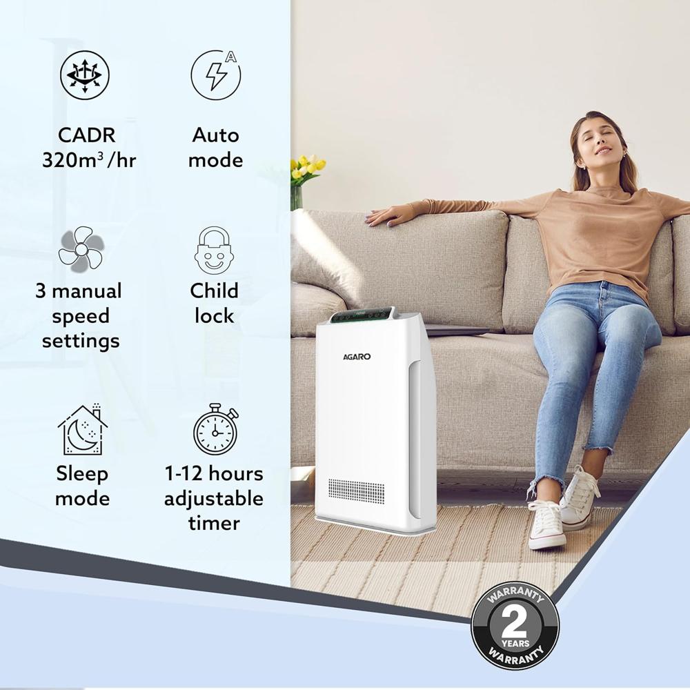 AGARO Imperial Air Purifier For Home, Bedroom, Green True HEPA Filter H14, Removes 99.99% Pollutants, Bacteria, Virus & PM 0.1 Particles, 7 Stage Purification, Covers 400 Sqft, 8500 Hrs Filter Life (34030)