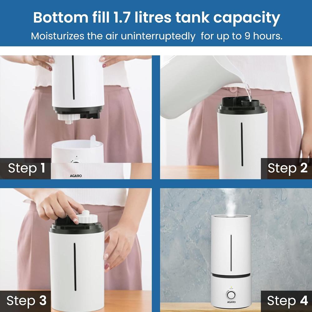 AGARO Caspian Cool Mist Ultrasonic Humidifier, 1.7 Litres, For Bedroom, Home, Office, Adjustable Mist Output, Super Quiet, Auto Shut Off (33653)