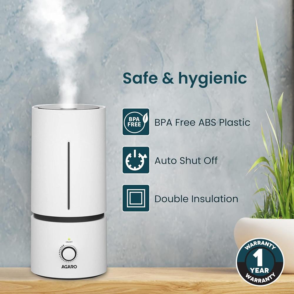 AGARO Caspian Cool Mist Ultrasonic Humidifier, 1.7 Litres, For Bedroom, Home, Office, Adjustable Mist Output, Super Quiet, Auto Shut Off (33653)