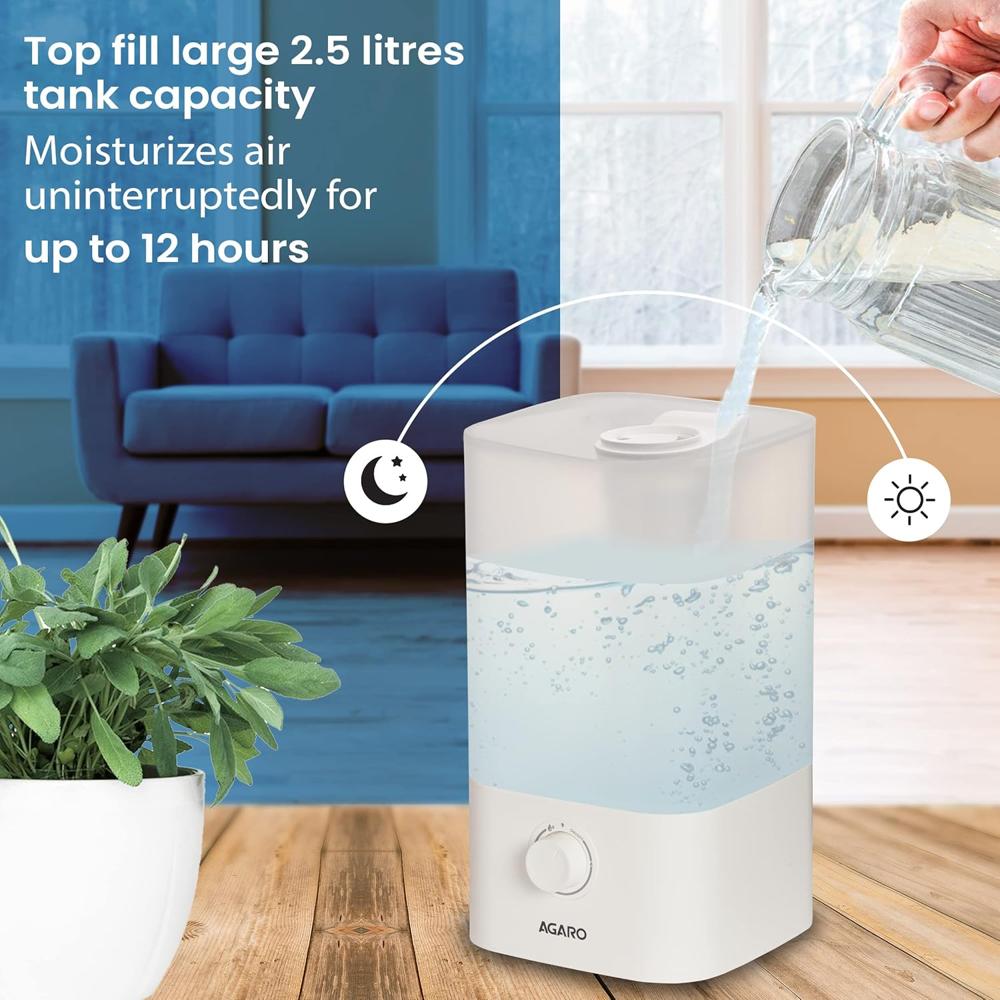 AGARO Breeze Cool Mist Ultrasonic Humidifier, Aroma Diffuser Support Essential Oil, 2.5 Litres, Top Fill, For Bedroom, Home, Office, (33632)