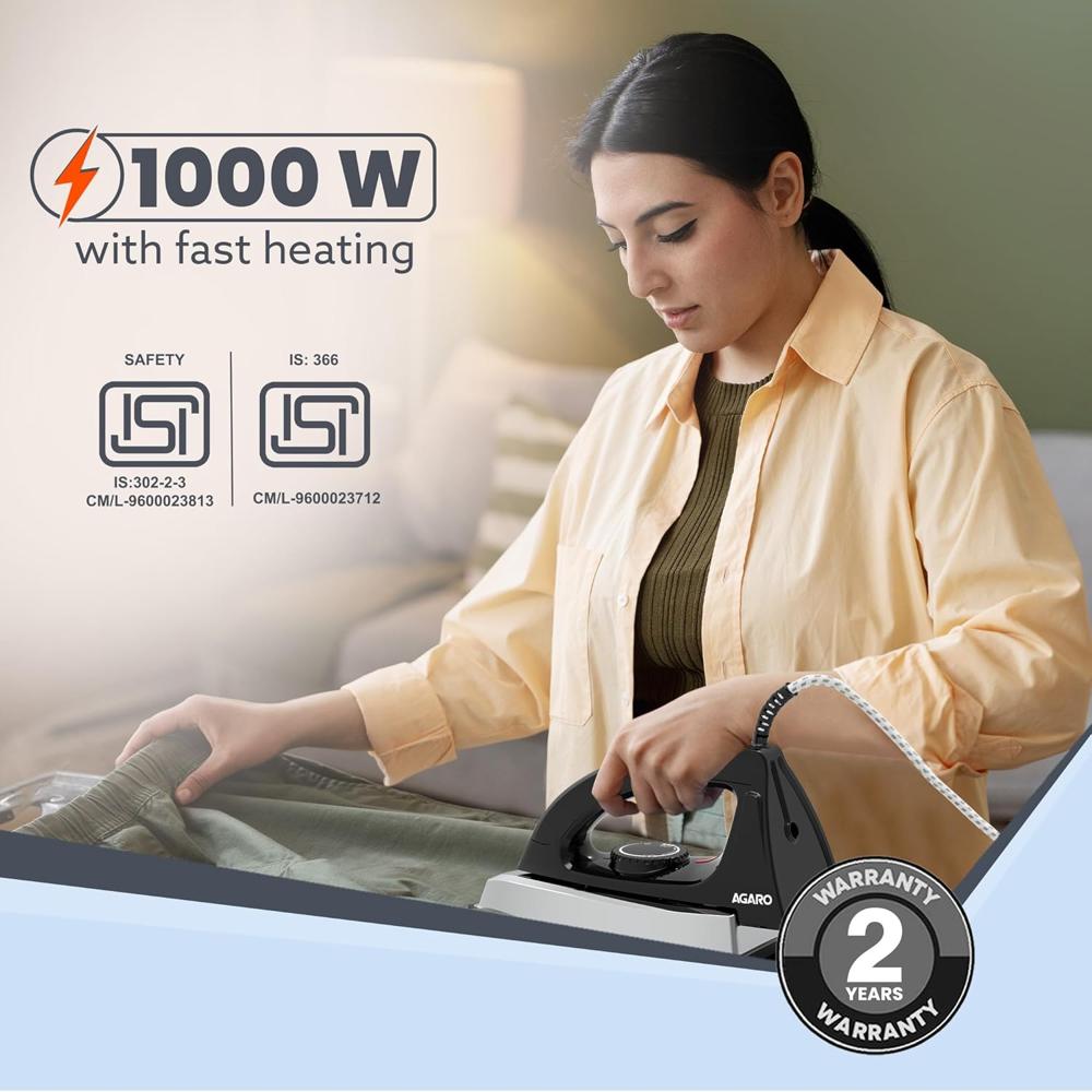 AGARO Stainless Steel Regal Heavy Weight Electric Dry Iron, 1000W, Non- Stick Coated Heavy Sole Plate (34002)