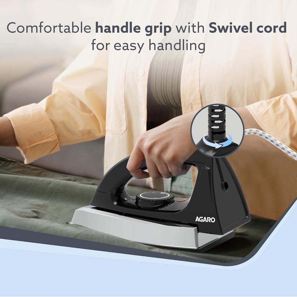 AGARO Stainless Steel Regal Heavy Weight Electric Dry Iron, 1000W, Non- Stick Coated Heavy Sole Plate (34002)