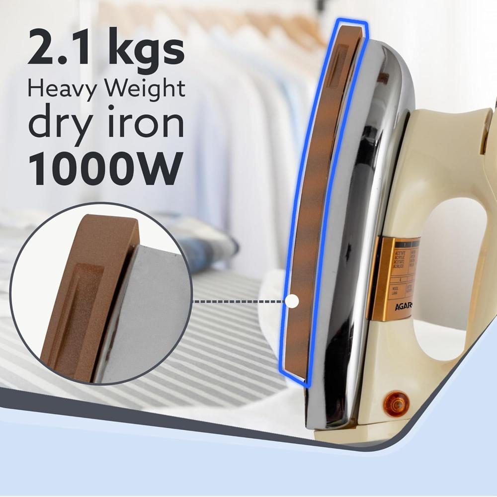 AGARO Regency Triple Layered Heavy Weight Electric Dry Iron, 1000W, Non- Stick Coated Heavy Sole Plate, Fast Heating, Removes Wrinkle, Creases(34049)