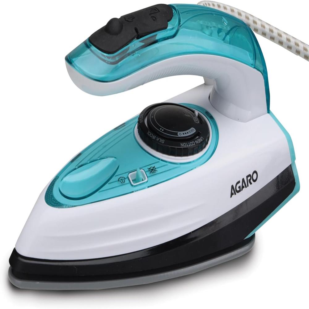 Agaro Primo Travel Steam Iron, 1200w, Compact, Ceramic Coated Sole Plate, Cotton, Wool, Poly, Silk (34159) - Color: White & Blue