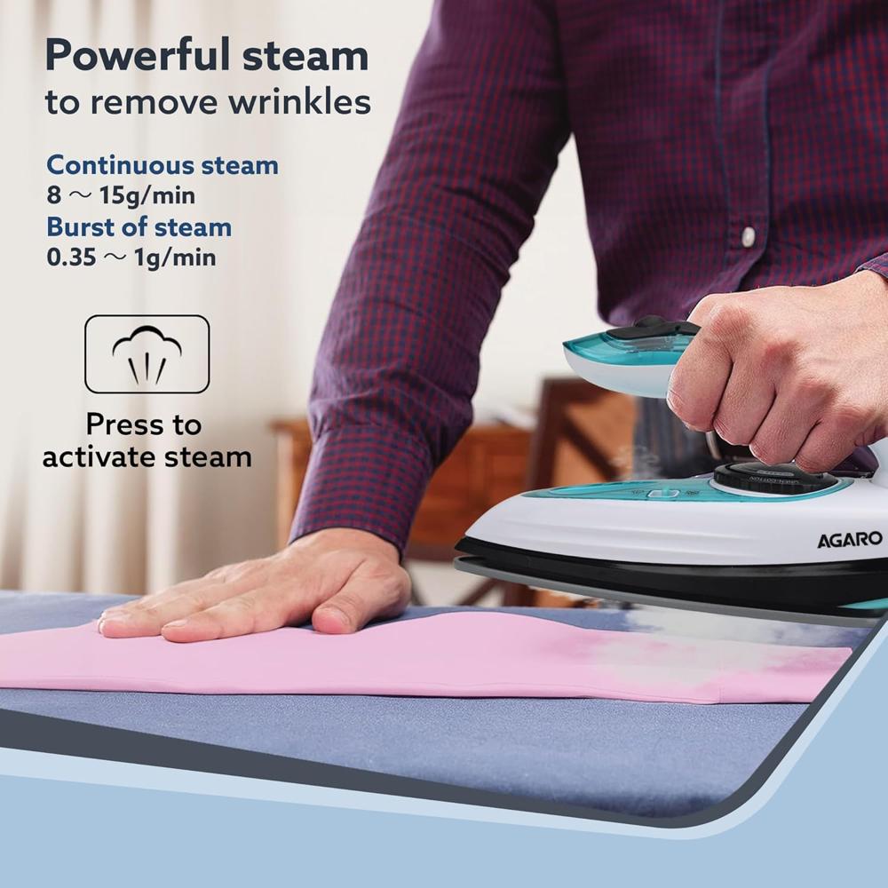 AGARO Primo Travel Steam Iron, 1200W, Compact, Ceramic Coated Sole plate, Cotton, Wool, Poly, Silk (34159)