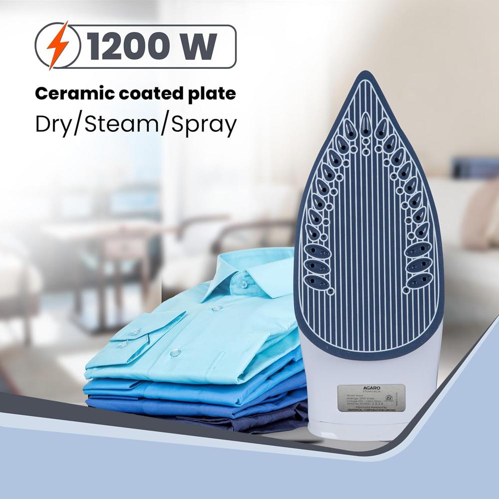 AGARO Regal Steam Iron, 1200 Watts, Ceramic Coated Sole Plate, Fast Heating, 360 Degree Swivel Cord, Anti-Drip Function (34043)