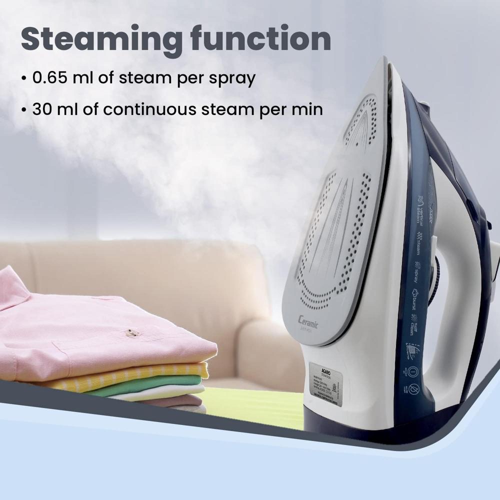 AGARO Royal Steam Iron, 2000W, Ceramic Coated Sole Plate, Fast Heating, 360 degree Swivel Cord, (33922)