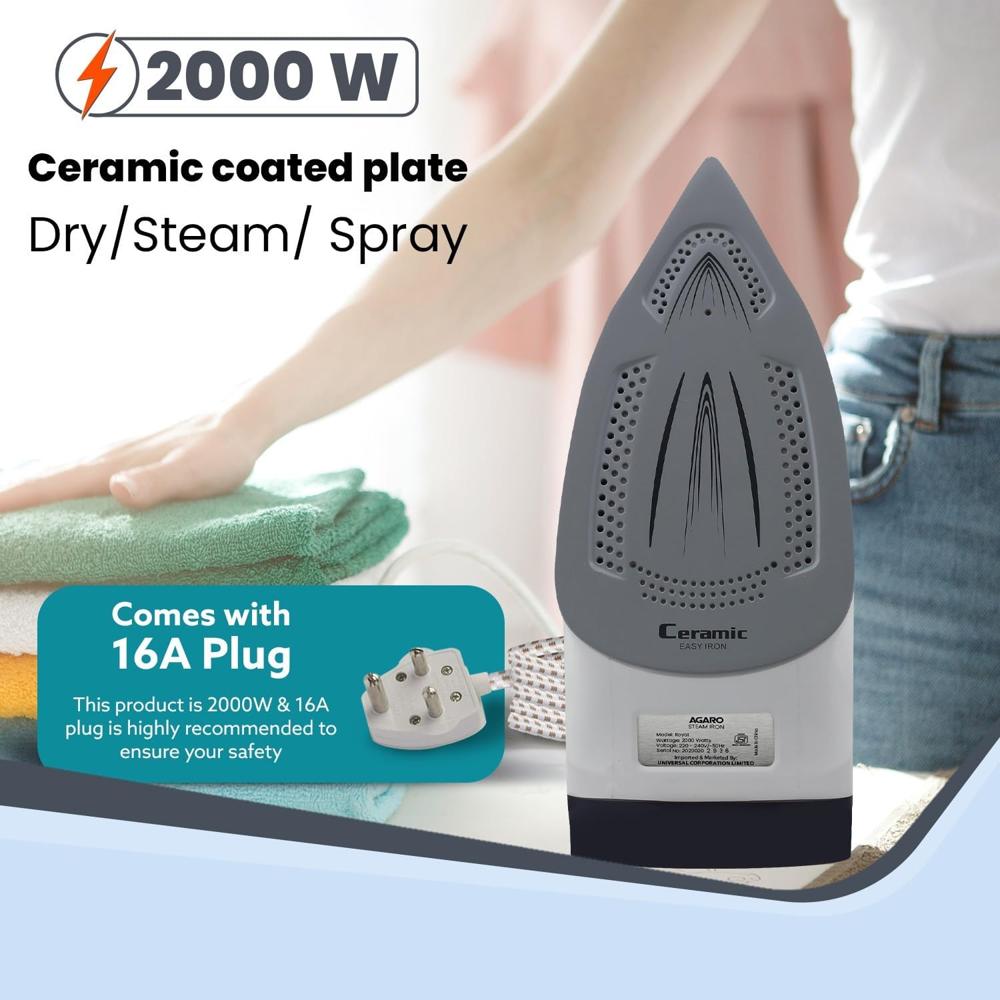 AGARO Royal Steam Iron, 2000W, Ceramic Coated Sole Plate, Fast Heating, 360 degree Swivel Cord, (33922)