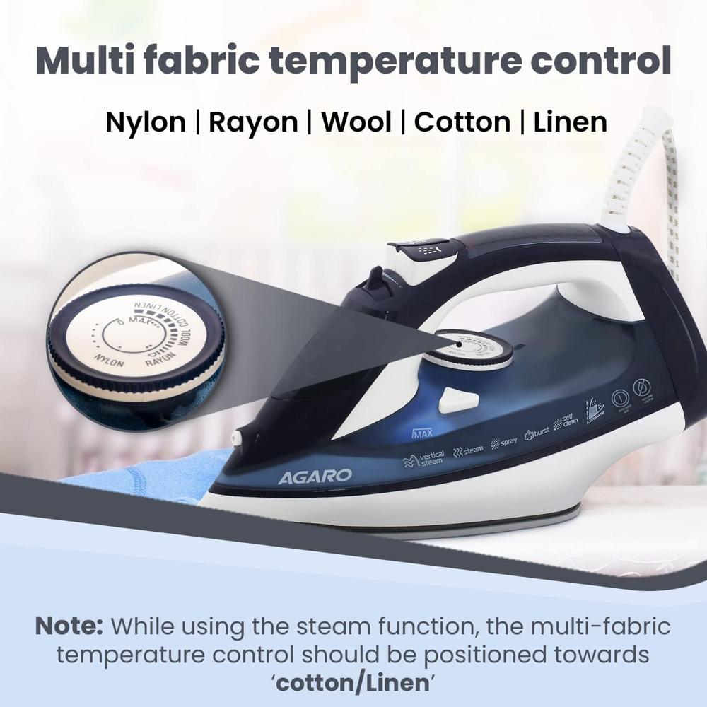 AGARO Royal Steam Iron, 2000W, Ceramic Coated Sole Plate, Fast Heating, 360 degree Swivel Cord, (33922)