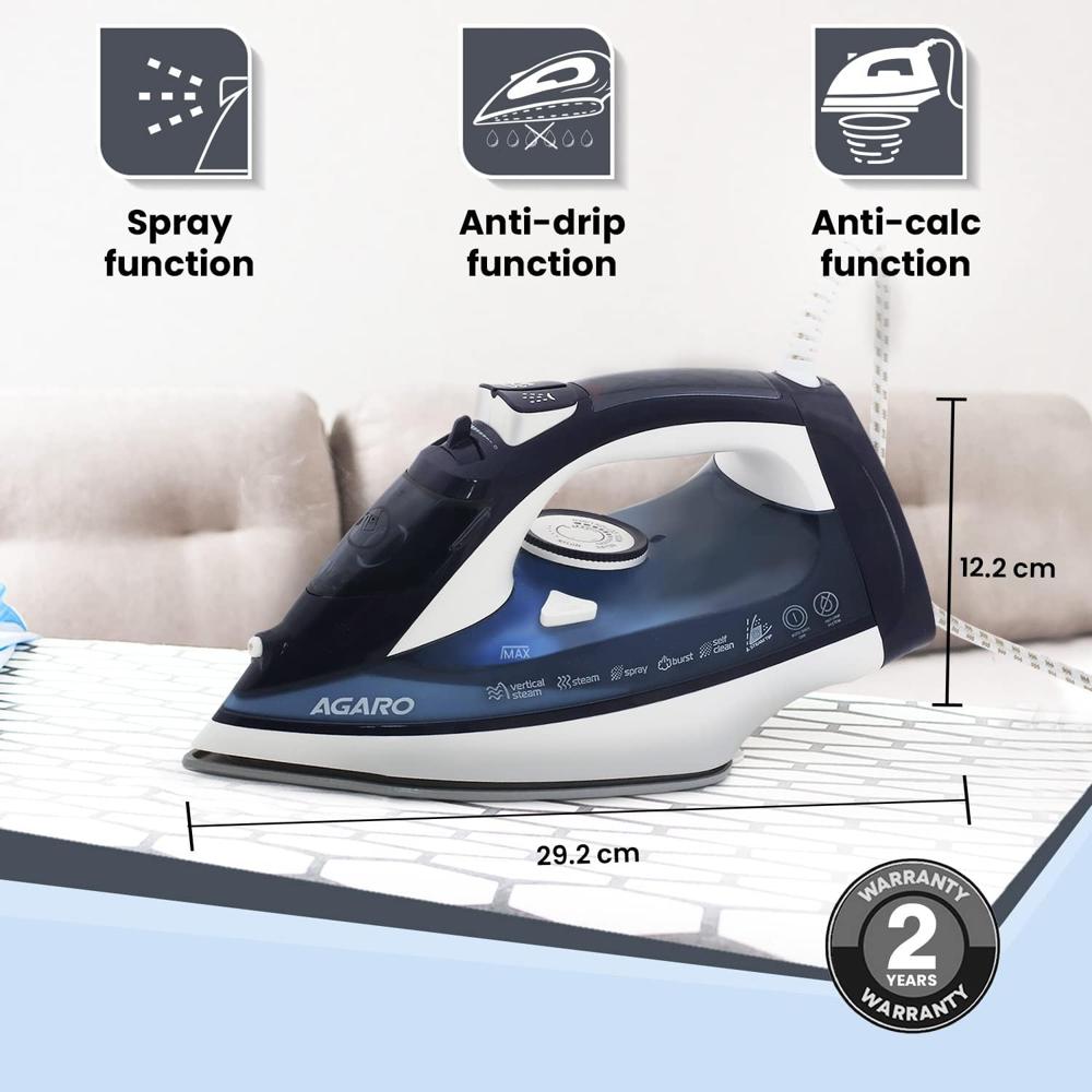 AGARO Royal Steam Iron, 2000W, Ceramic Coated Sole Plate, Fast Heating, 360 degree Swivel Cord, (33922)