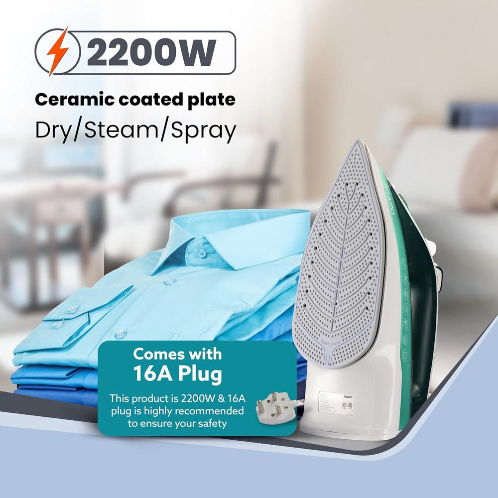 AGARO Galaxy Steam Iron, 2200W, Ceramic Coated Sole Plate, Fast Heating, 0.8 gms/min of steam burst, (34063)