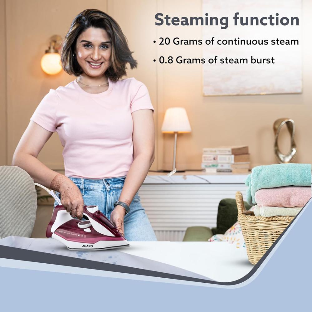 AGARO Imperial Steam Iron, 2200W, Ceramic Coated Sole Plate, Fast Heating, 0.5 gms/min of steam burst, 30g/min continuous steam, Anti-Dr ( 34064)