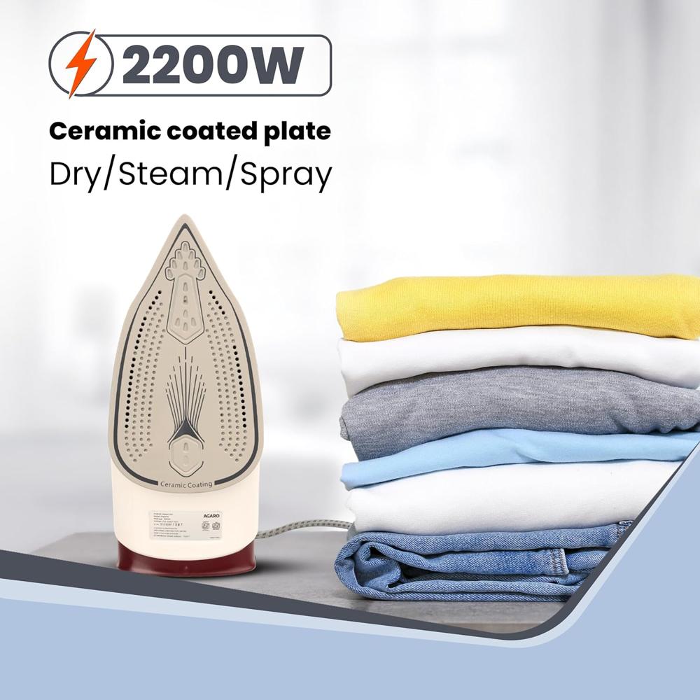 AGARO Imperial Steam Iron, 2200W, Ceramic Coated Sole Plate, Fast Heating, 0.5 gms/min of steam burst, 30g/min continuous steam, Anti-Dr ( 34064)