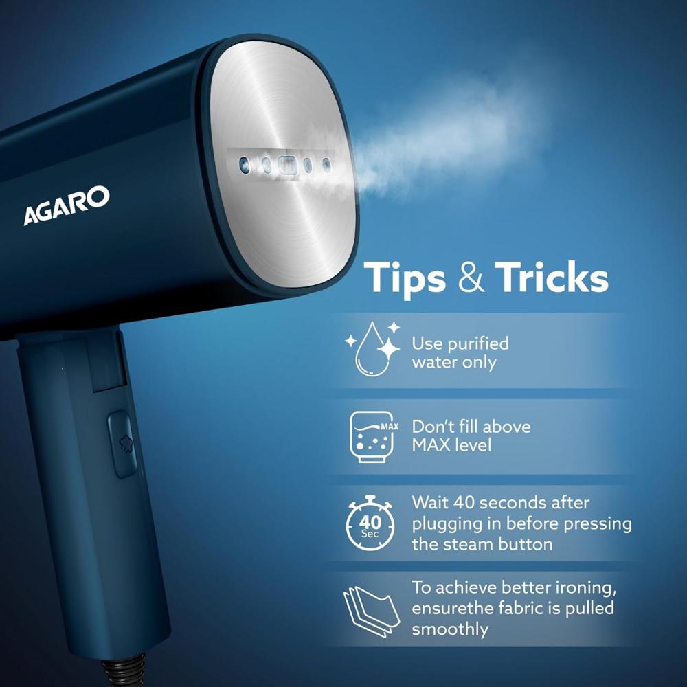 AGARO Elegant Handheld Garment Steamer, Horizontal & Vertical Use, Foldable, Fast Heat, 1200W, 170 ML Water Tank (34008)