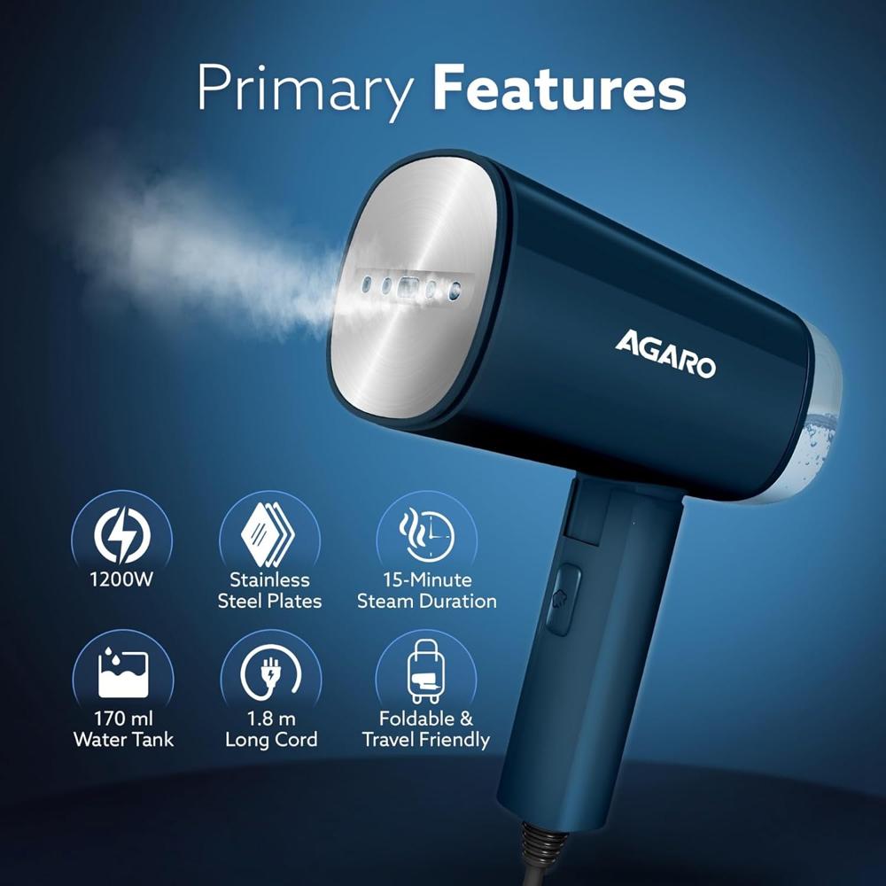 AGARO Elegant Handheld Garment Steamer, Horizontal & Vertical Use, Foldable, Fast Heat, 1200W, 170 ML Water Tank (34008)