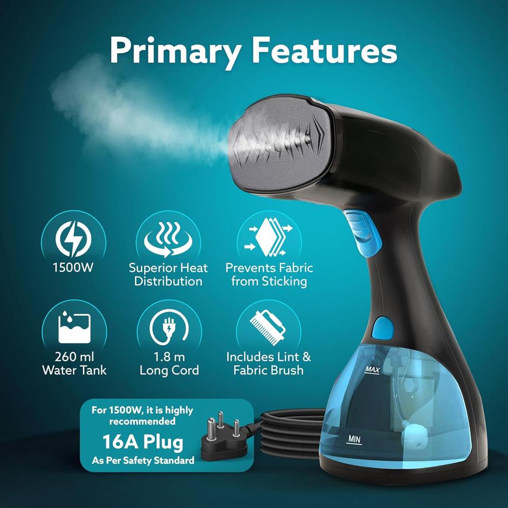 AGARO Signify Handheld Garment Steamer, Wrinkle Remover, Iron, Fast Heat, Ceramic Steam Nozzle, 1500W, 260 ML Water Tank, Detachable Fabric Brush (33654)