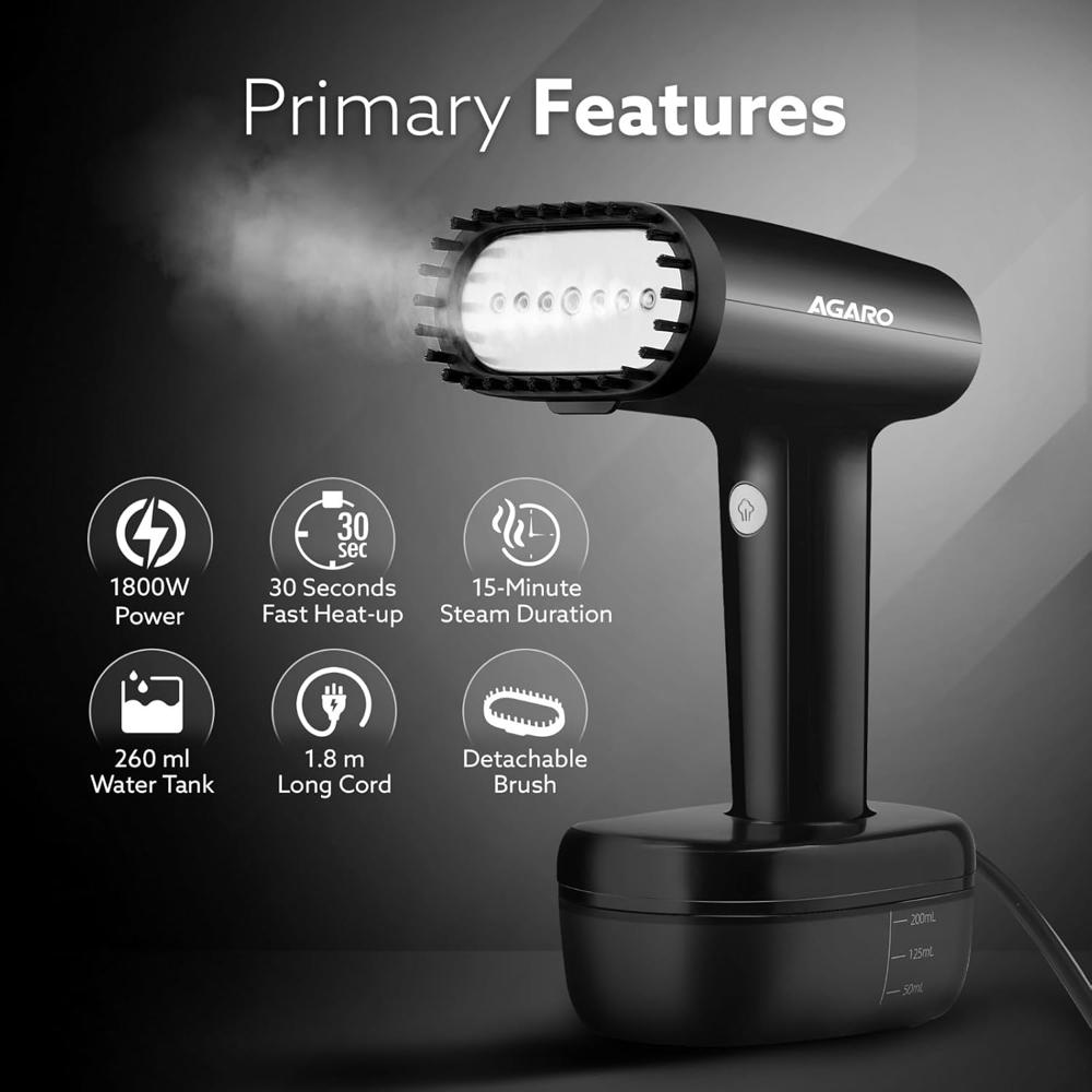 AGARO Icon Handheld Garment Steamer, Horizontal & Vertical Use, Fast Heat, Ceramic Coated Steam Nozzle, 1800W, 260 ML (