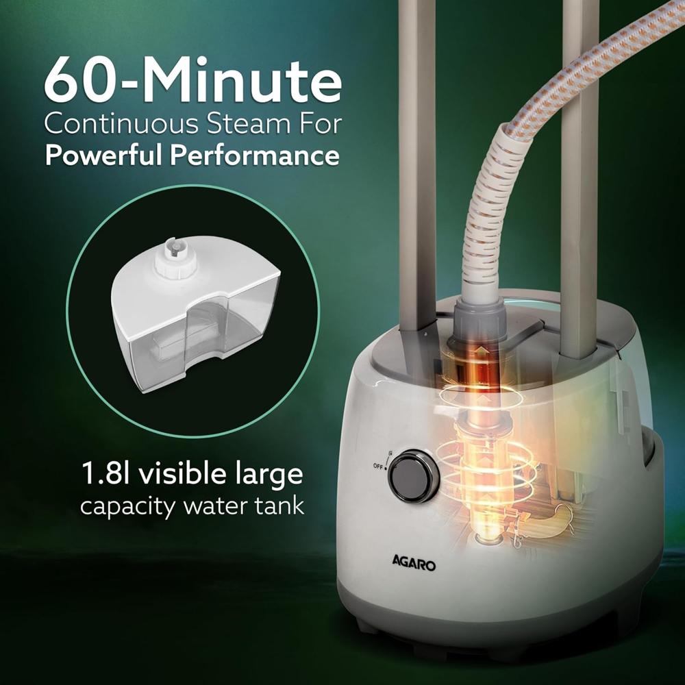AGARO Grand Standing Garment Steamer 2000W, Professional Standing Steam Iron, De-wrinkle clothes, Height Adjustable, Iron Board, 1.8L Water Tank, Fast Steaming. (34164)