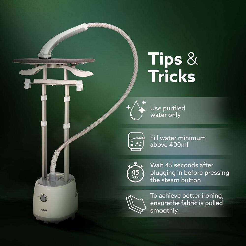 AGARO Grand Standing Garment Steamer 2000W, Professional Standing Steam Iron, De-wrinkle clothes, Height Adjustable, Iron Board, 1.8L Water Tank, Fast Steaming. (34164)