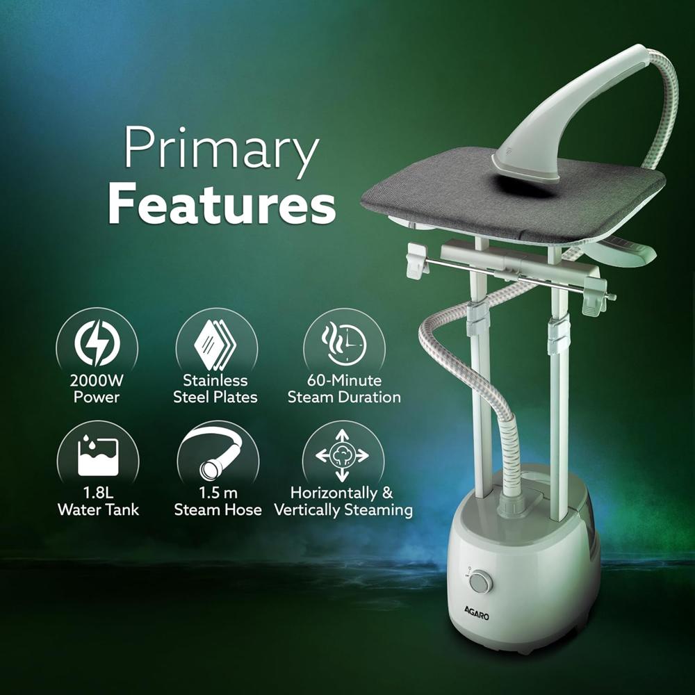 AGARO Grand Standing Garment Steamer 2000W, Professional Standing Steam Iron, De-wrinkle clothes, Height Adjustable, Iron Board, 1.8L Water Tank, Fast Steaming. (34164)