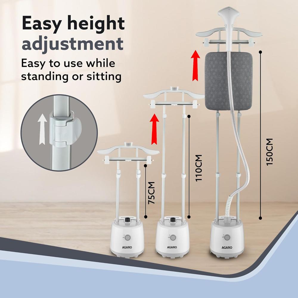 AGARO Grand Standing Garment Steamer 2000W, Professional Standing Steam Iron, De-wrinkle clothes, Height Adjustable, Iron Board, 1.8L Water Tank, Fast Steaming. (34164)