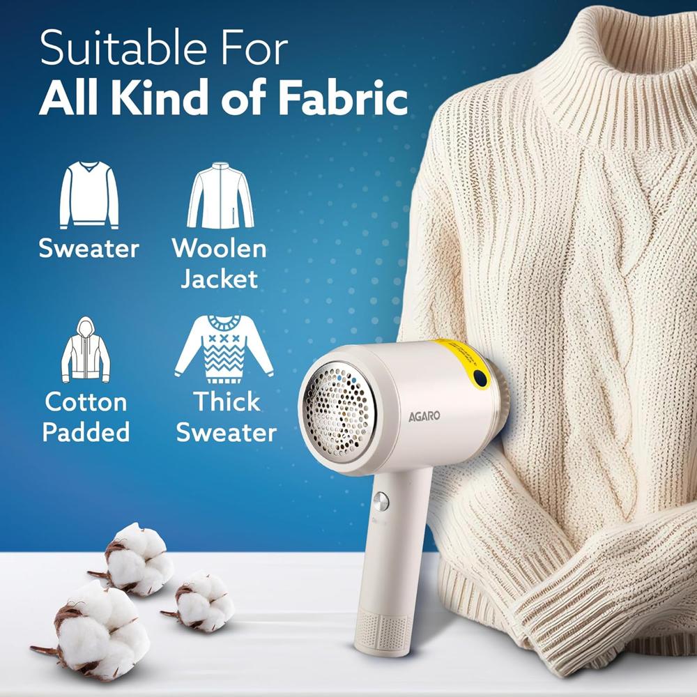 AGARO  Lint Remover, Electric Fabric Shaver, Rechargeable, Portable, Multi-Functional Fuzz Remover from Woollen Sweaters, Coat, Blankets, Jackets/Burr Remover, Pill Remover from Carpets, Curtain (33529)