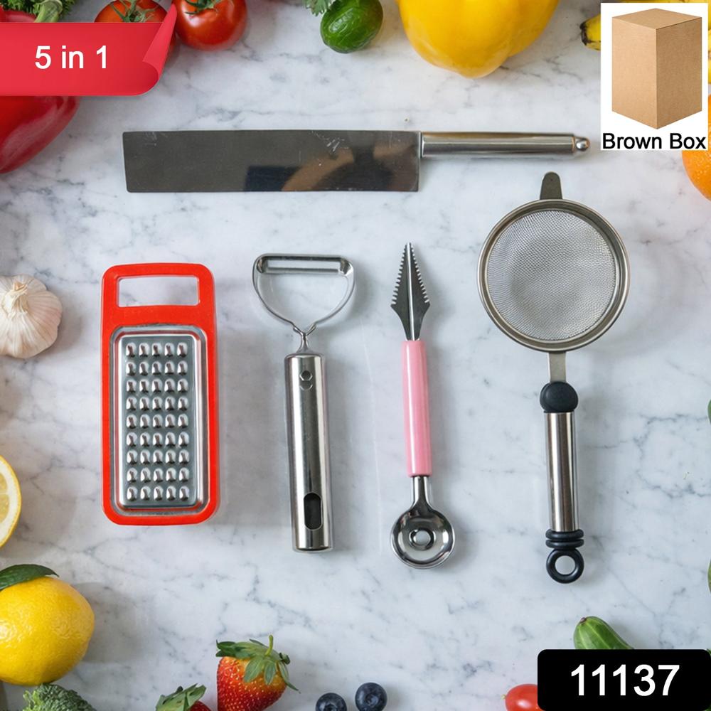 5 In 1 Multipurpose Kitchen Tool Combo Set - Stainless Steel & Food Grade Plastic, 30x10x7 Cm | Detachable, Rust Resistant, Non-slip Grip, Stackable Design
