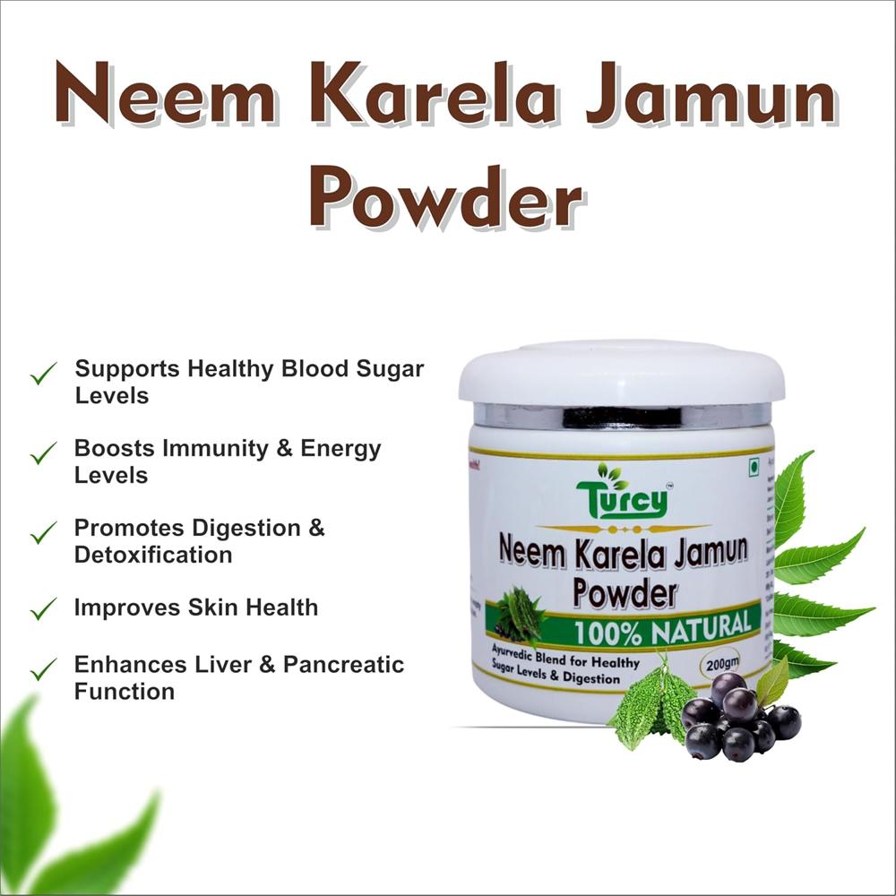Turcy Neem Karela Jamun Powder | Ayurvedic Herbal Supplement for Blood Sugar Support, Digestion & Immunity | Natural Detox Formula | 200g