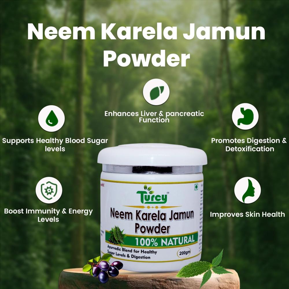 Turcy Neem Karela Jamun Powder | Ayurvedic Herbal Supplement for Blood Sugar Support, Digestion & Immunity | Natural Detox Formula | 200g