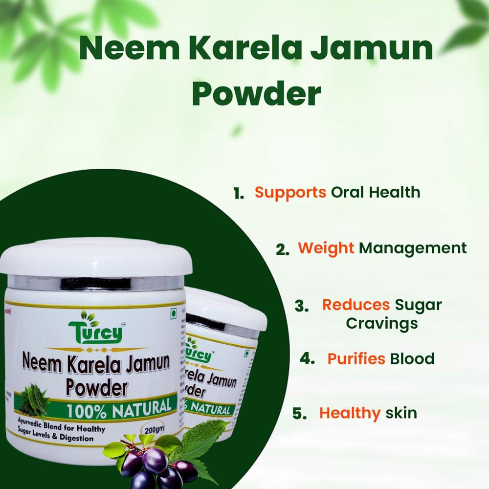 Turcy Neem Karela Jamun Powder | Ayurvedic Herbal Supplement for Blood Sugar Support, Digestion & Immunity | Natural Detox Formula | 200g
