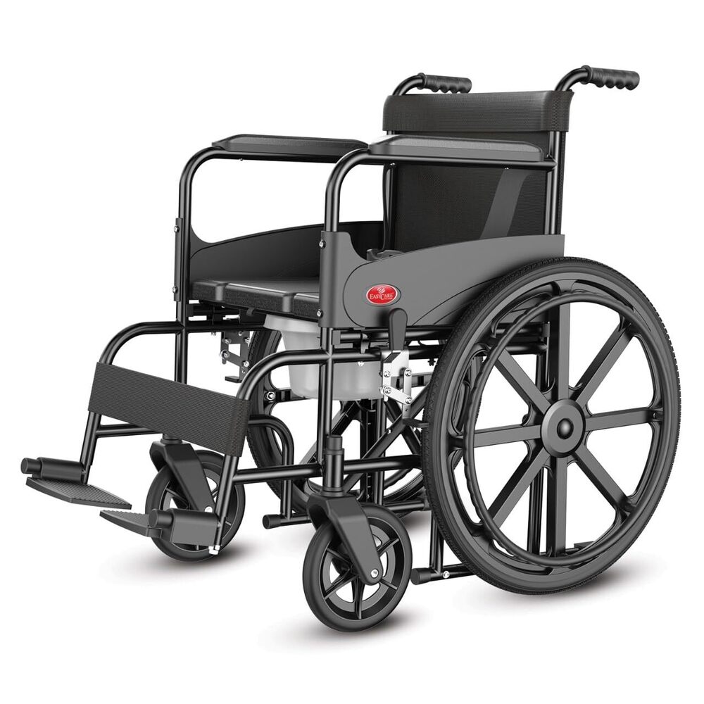 Easycare U Cut Commode Wheelchair for Old People and Patient Suitable for Indoor & Travel-Friendly with Adjustable & Comfort Seat Belt with Footrests Wheel Chair for Toilet
