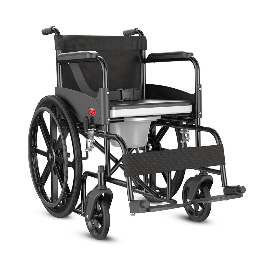 Easycare Commode Wheelchair for Old People and Patient, Suitable for Indoor & Travel-Friendly with Adjustable & Comfort Seat Belt with Footrests, Wheel Chair for Toilet (Commod