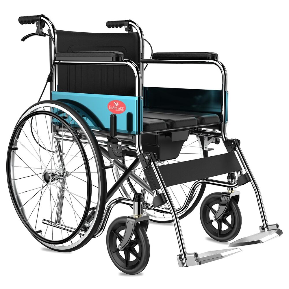 EASYCARE EC608CL 24 Folding Wheelchair with Chrome-Plated Steel Frame, 110kg Load, Black with Commode, Flip-up Leg Rest & Attendant Brake
