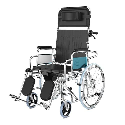 EasyCare Wheelchair Full Recliner with Swing-Away Elevating Leg Rests and Flip-Back Arms adjustable with Reclining 90-180 degree, Commode for adults patients, old people hospital