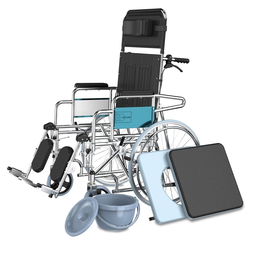 EasyCare Lightweight Wheelchair with Swing-Away Elevating Leg Rests and Flip-Back Arms adjustable with Backrest Reclining 90-180 degree, Commode (Capacity 100kgs) United Brake