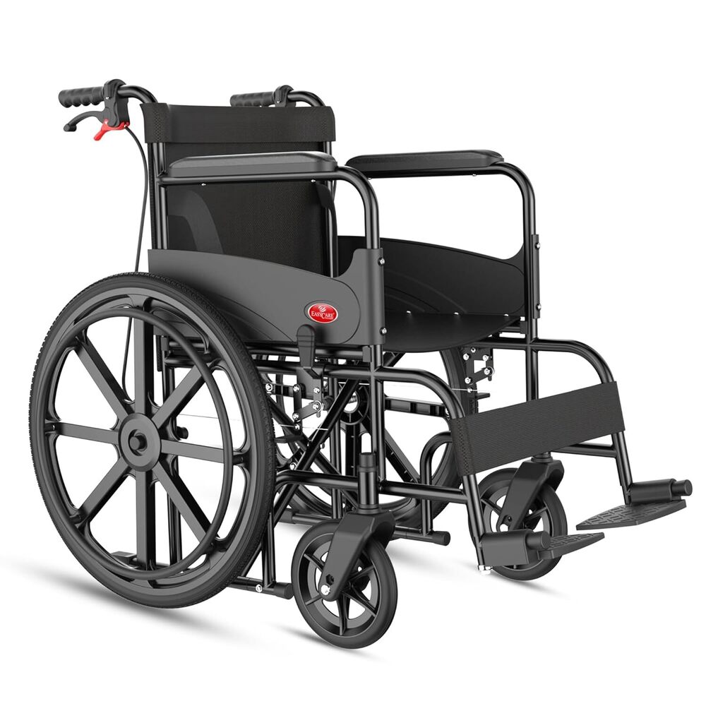 EASYCARE Foldable Wheelchair for Old Age & Patients with Steel Frame, 25-inch Width, Black - Dual Brakes, Adjustable Seat Belt & Footrest
