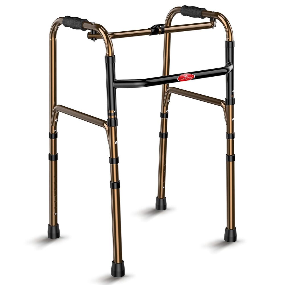 Aluminum Foldable Walker Walking Stick - 41-51 cm Adjustable Brown Lightweight | Eight Height Levels Anti-Slip Grip Rubber Tips