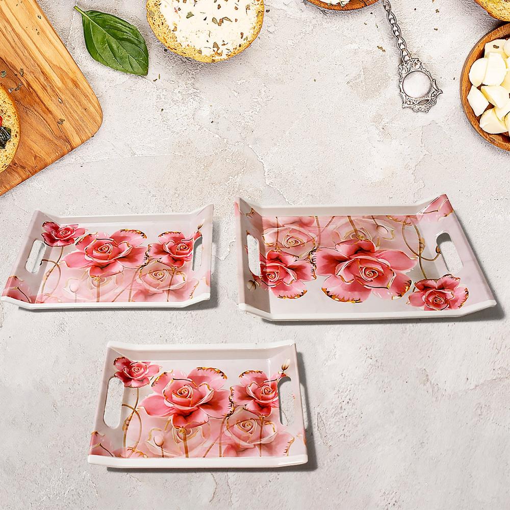 Plastic Rectangular Serving Tray Set  Printed Design Trays For Home & Kitchen - Color: Mix