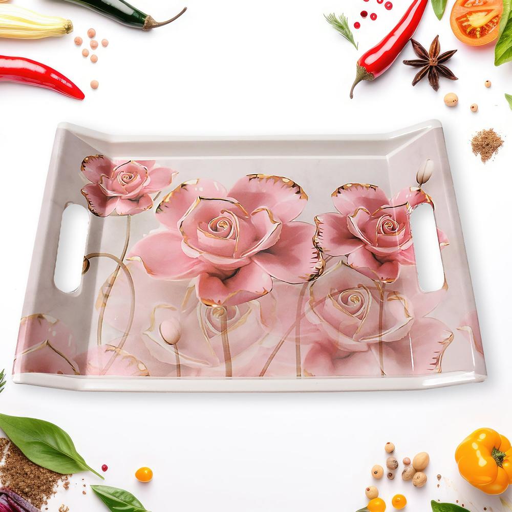 Plastic Rectangular Serving Tray Set Printed Design Trays For Home & Kitchen - Color: Mix