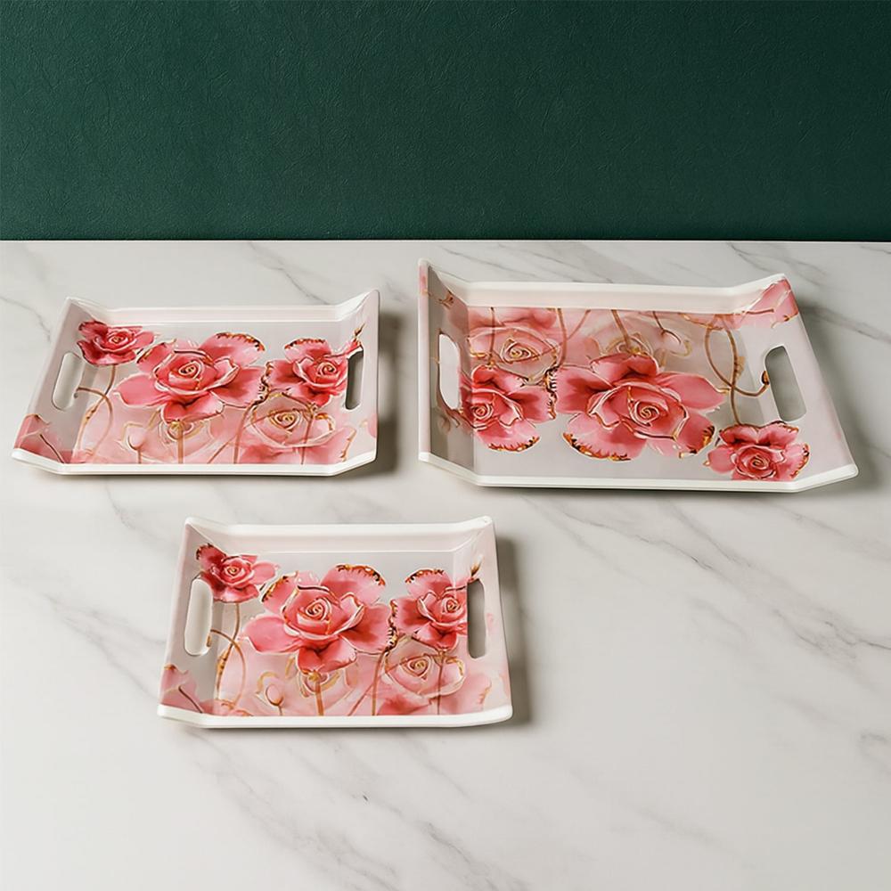 Plastic Rectangular Serving Tray Set Printed Design Trays For Home & Kitchen - Color: Mix
