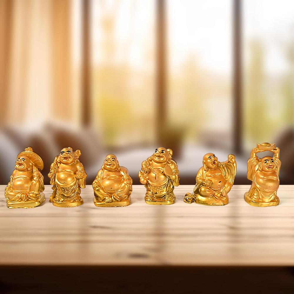 Golden Laughing Buddha Set Of Six Pieces Statue For Happinessgood Luck Home Decor - Color: Mix