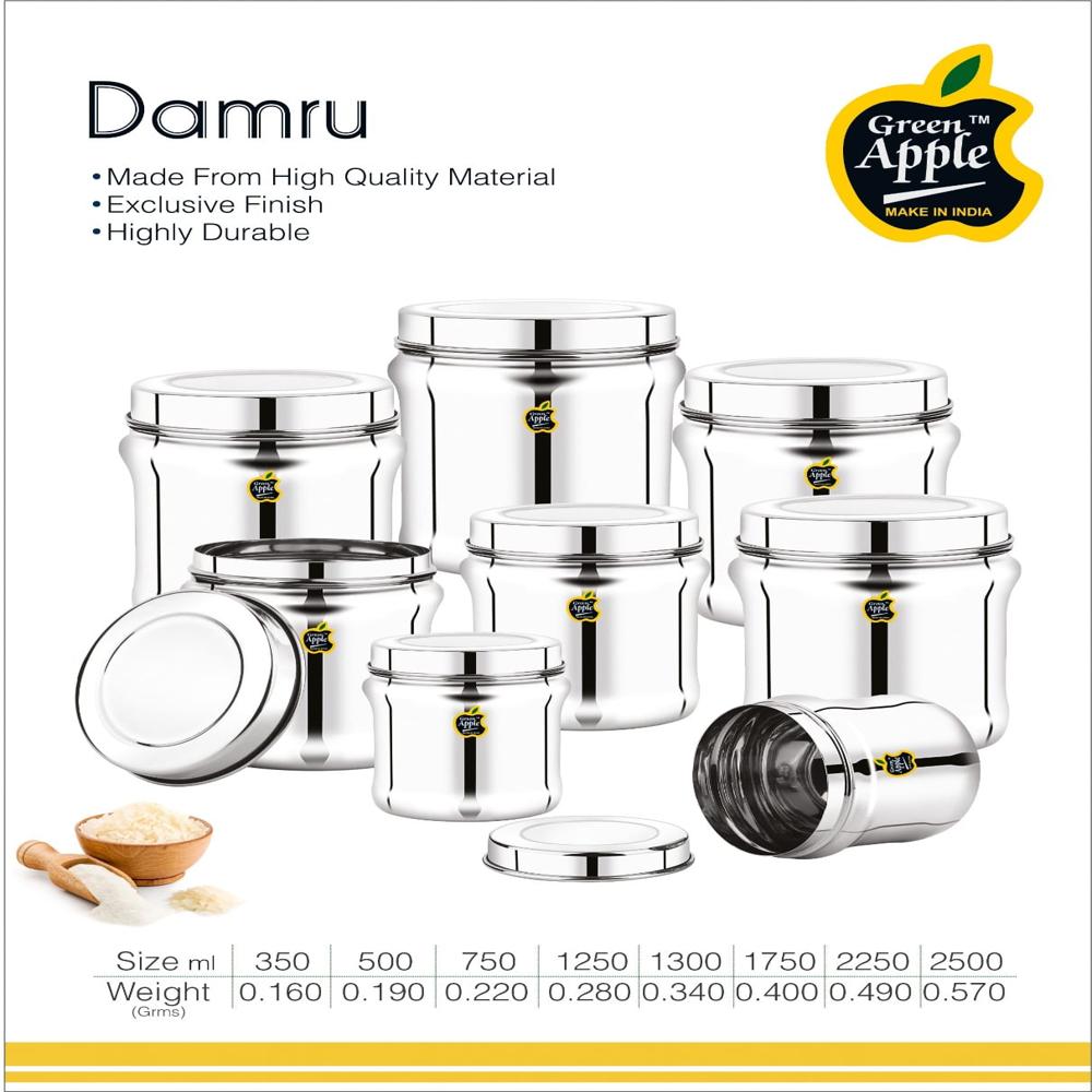 Premium 1250ml Stainless Steel Damru Dabba | Export Quality Kitchen Canister by Green Apple | Wholesale