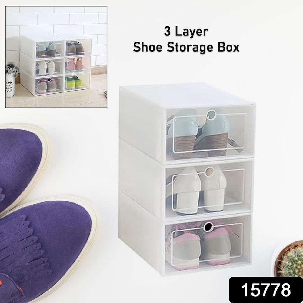 3 Layer Transparent Shoes Storage Box Plastic Stackable Shoe (1 Set / 3 Layer) - Color: Mix