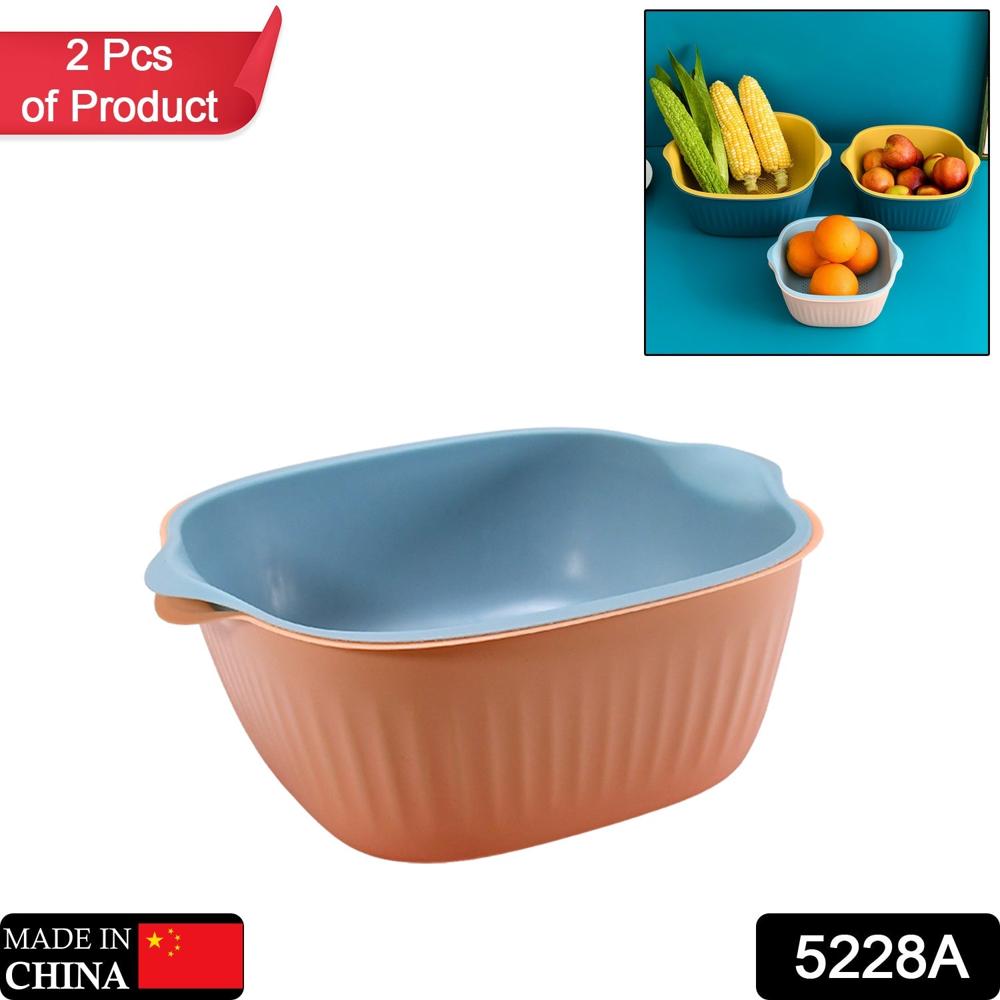 Plastic Washing Bowl & Strainer Basket For Kitchen (Set Of 2) - Color: Mix
