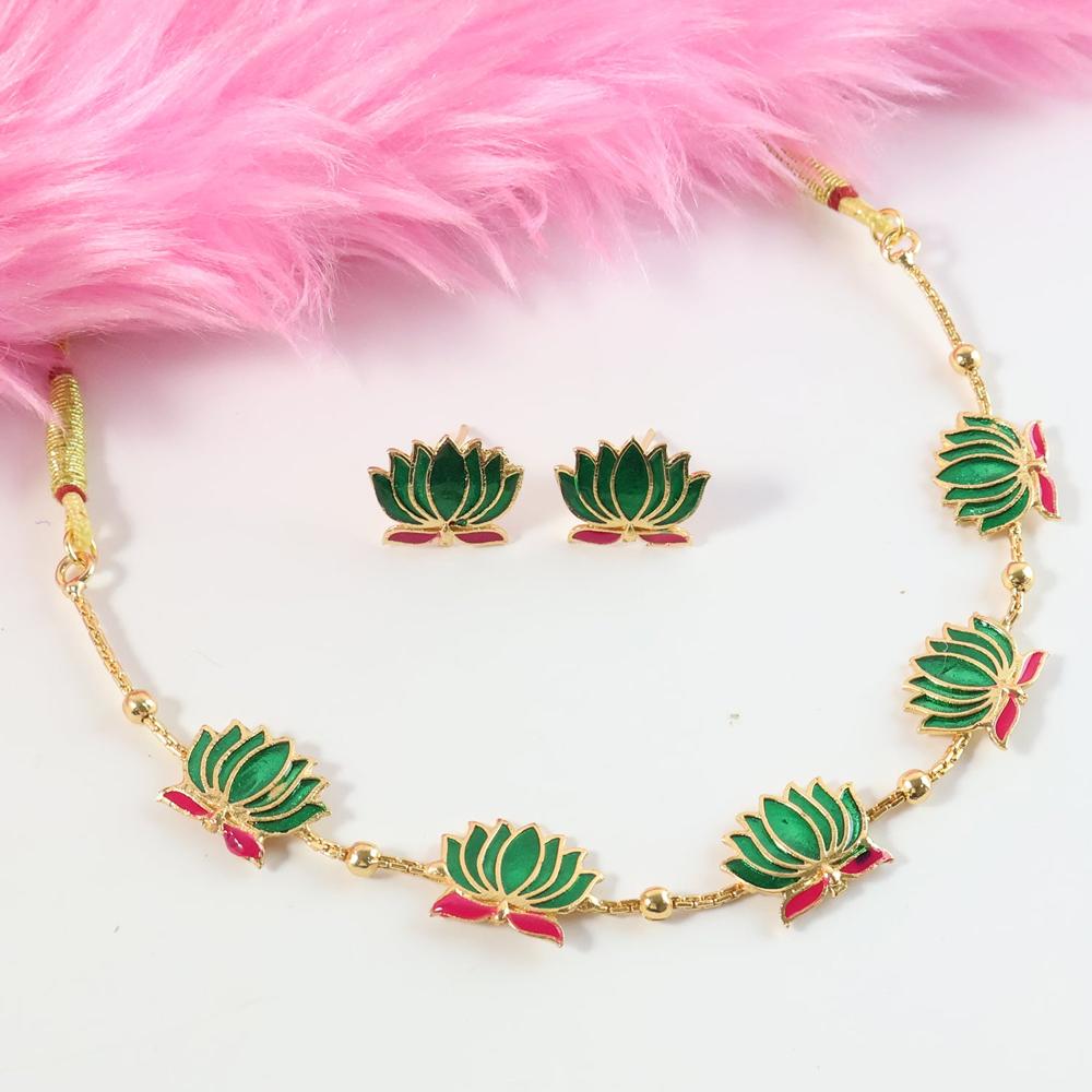 Traditional Green & Lotus Motif Jewellery Set