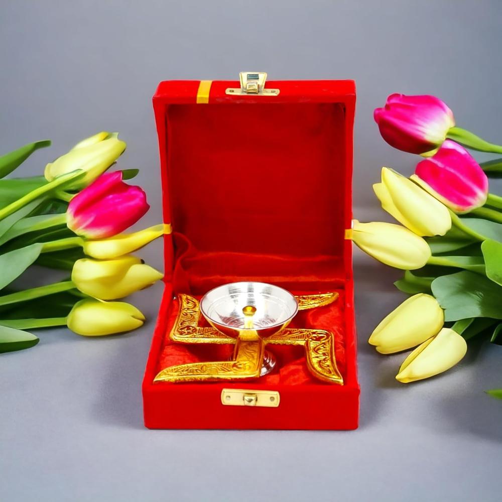 Auspicious Swastik-Base Pooja Diya - (1 Pc) - Color: Mix